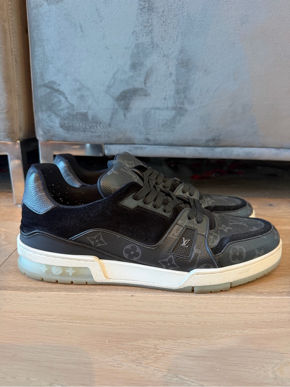 Louis Vuitton lv trainer black monogram sneakers sz 11 LV us 12 grey